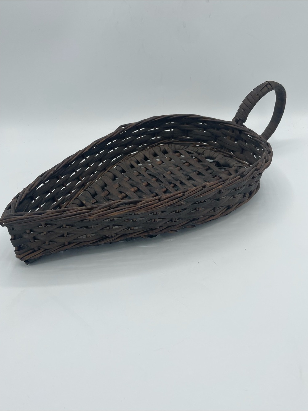 Vintage Handwoven Brown Oval Serving Tray Basket with Side Handle Signed Madeira